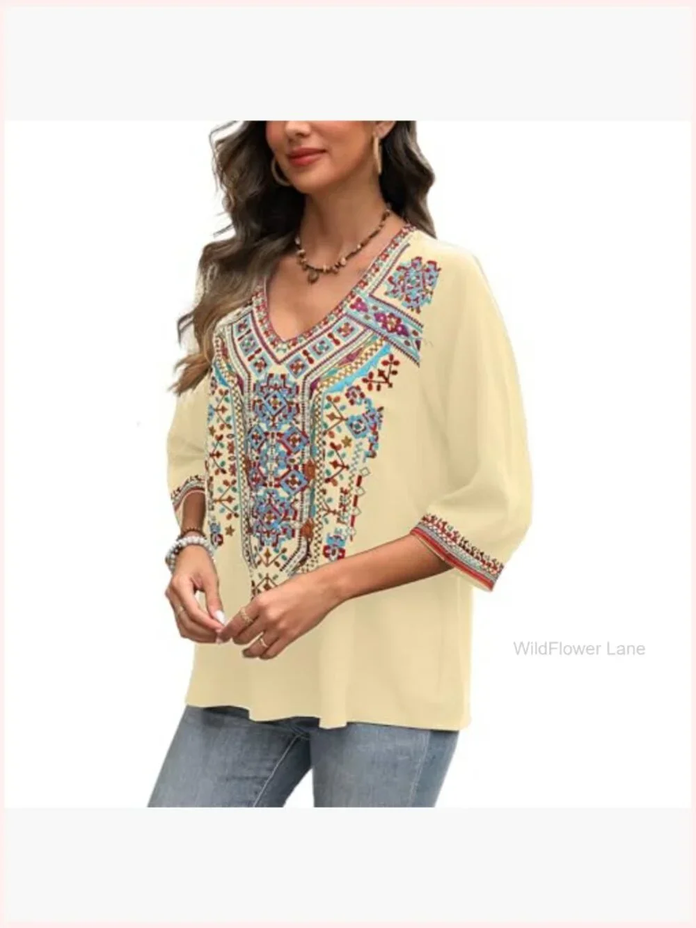 Boho Embroidered V-Neck Tunic Blouse Peasant Hippie Top - Picture 5 of 6